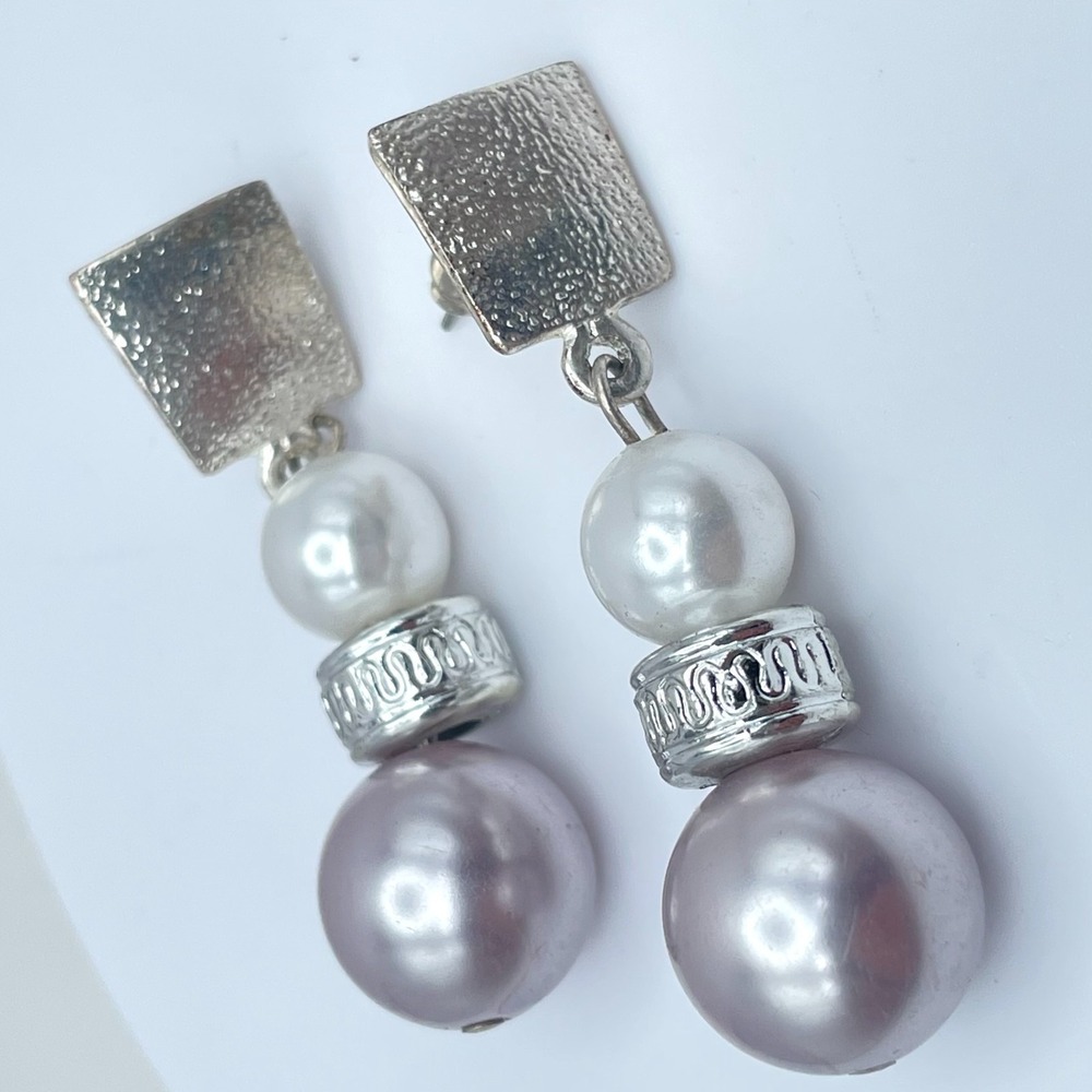 Vintage Y2K Faux Pearl Textured Square Silver Tone Dangle Earrings Jewelry